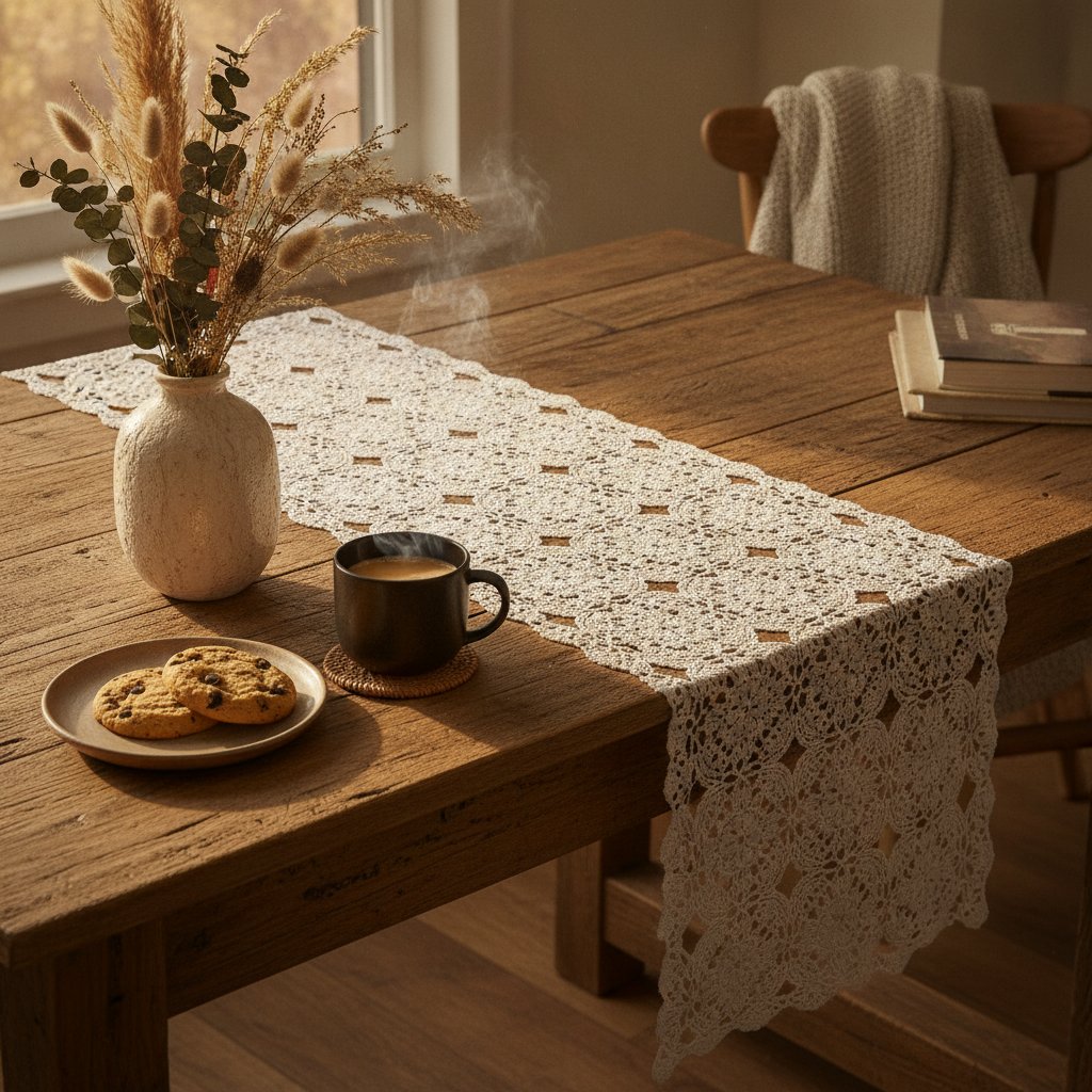 Mesa com peça de crochê e café